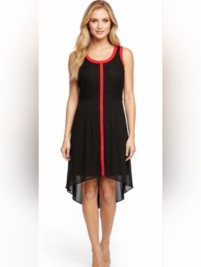 Nicole Miller Black Dress with Red Trim High-Low Hem (SIZE:10)